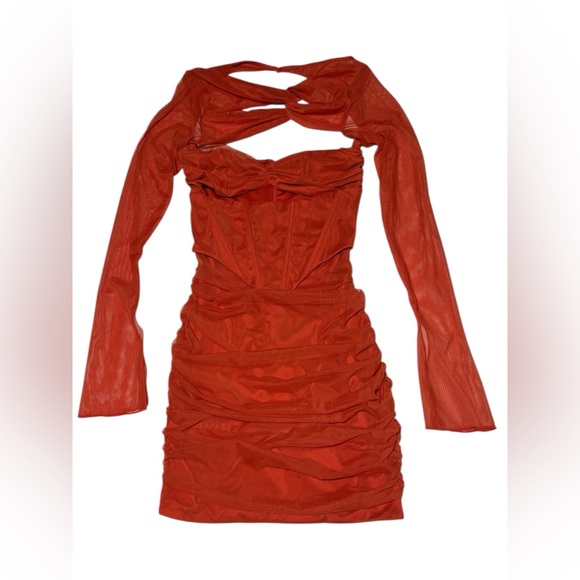 Oh Polly Ruched Fiery Red Cut-Out Long Sleeve Dress - Picture 5 of 8